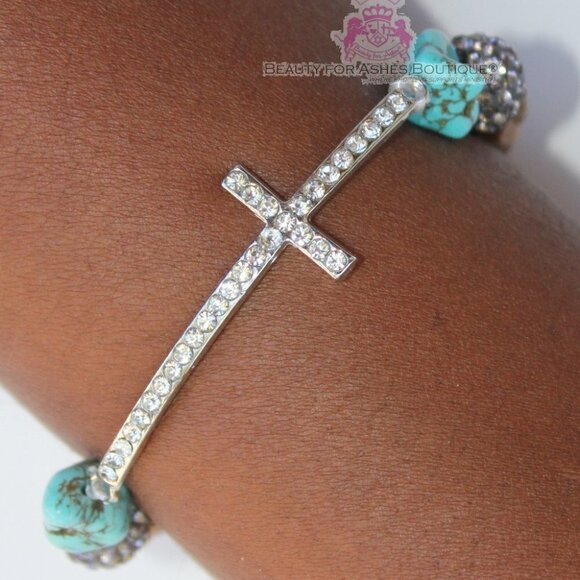 Its Your Divine Destiny Prayer Silver Plated Crystal Cross Stretch Bead Bracelet - Picture 5 of 15